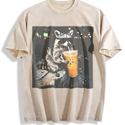 Raccoon Drinking Iced Coffee vintage washed oversized T-shirt in Beige