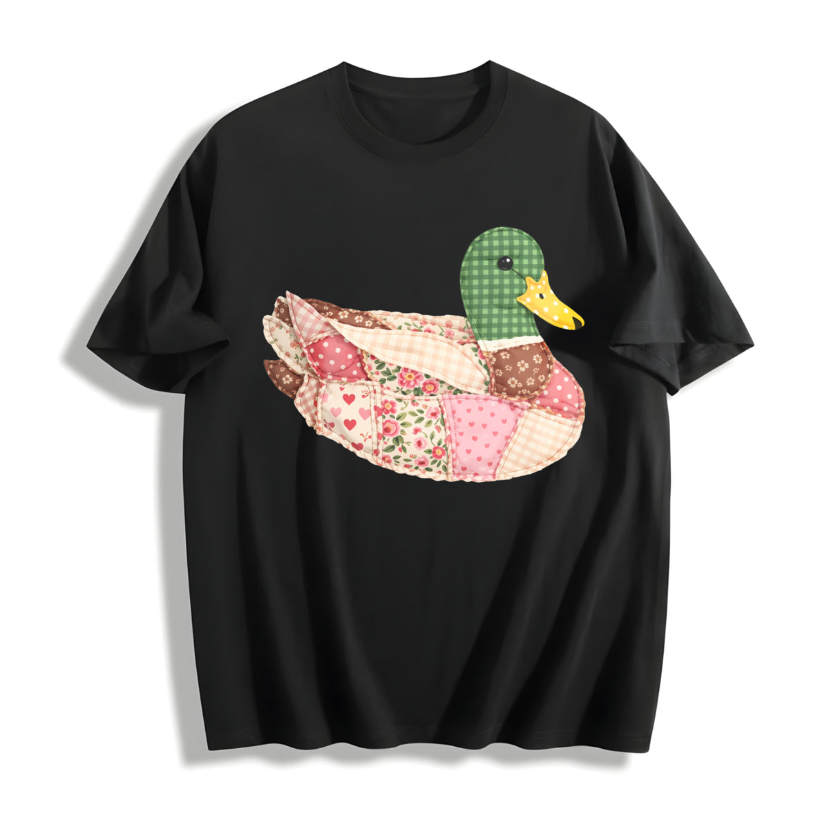Mallard Duck Patchwork Duck Cotton T-Shirt in Black