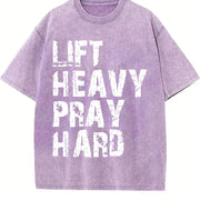 Lift Heavy Pray Hard Christian Gym vintage washed oversized T-shirt in Purple