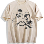 Retro Bigfoot and Alien Heart Hands Vintage Washed T-Shirt in Beige