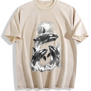 Killer Whales Retro Marine Life Orca Vintage Washed T-Shirt in Beige