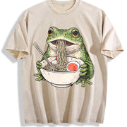 Frog Ramen Retro Frog Eating Noodles Vintage Washed T-Shirt in Beige