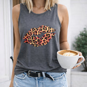 Leopard Lips Tank Crew-neck Sleeveless Vest Outdoor Women's Color Cotton Tank Top in Gray