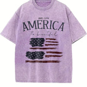 America the Beautiful EST 1776 Distressed Flag Double Vintage Washed T-Shirt in Purple