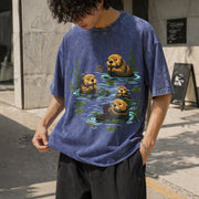 90s Sea Otter Retro Wildlife Vintage Washed T-Shirt in Blue