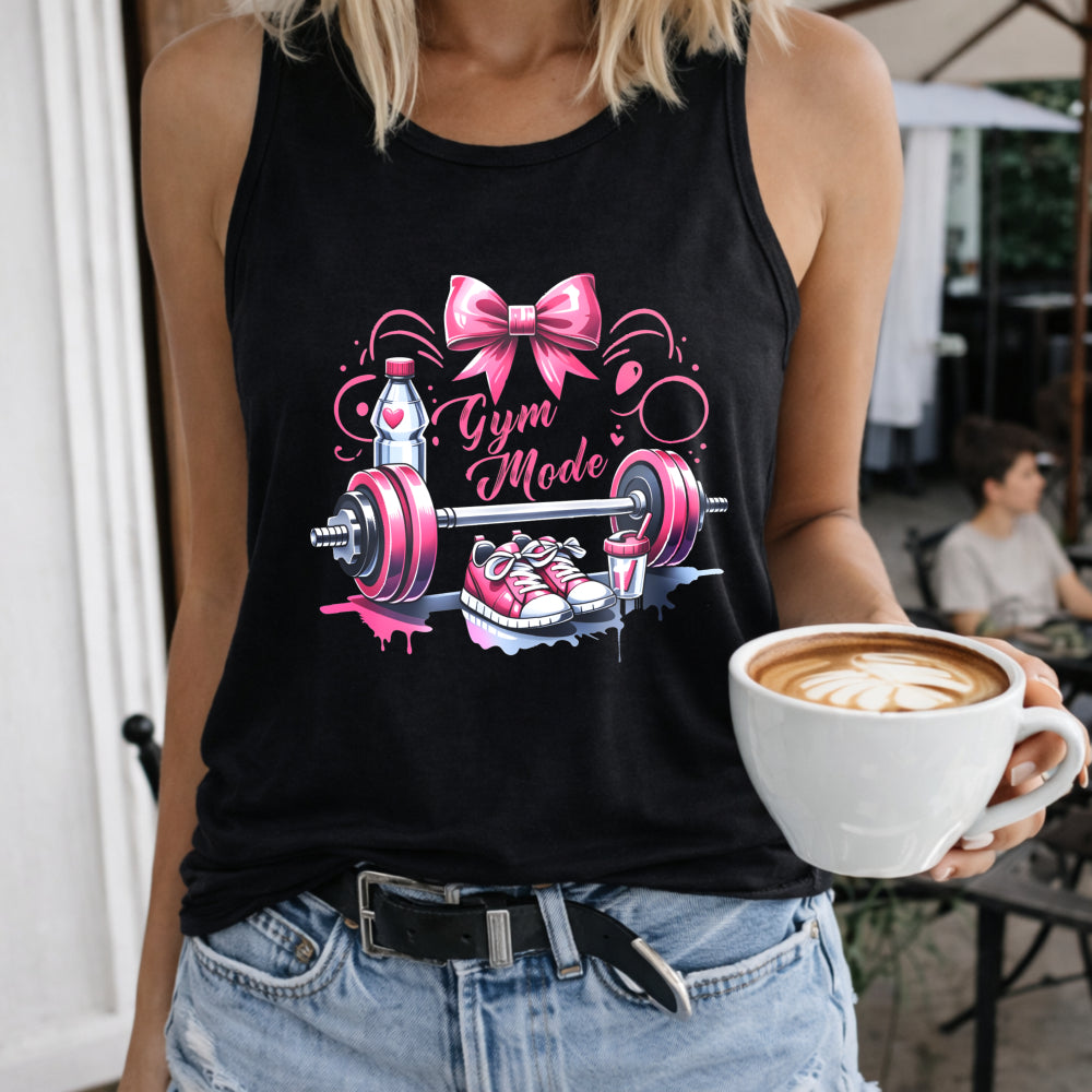 Gym Mode Pink Bow Barbell Shoes Crew-neck Sleeveless Vest Women's Color Cotton Tank Top in Black
