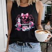 Gym Mode Pink Bow Barbell Shoes Crew-neck Sleeveless Vest Women's Color Cotton Tank Top in Black