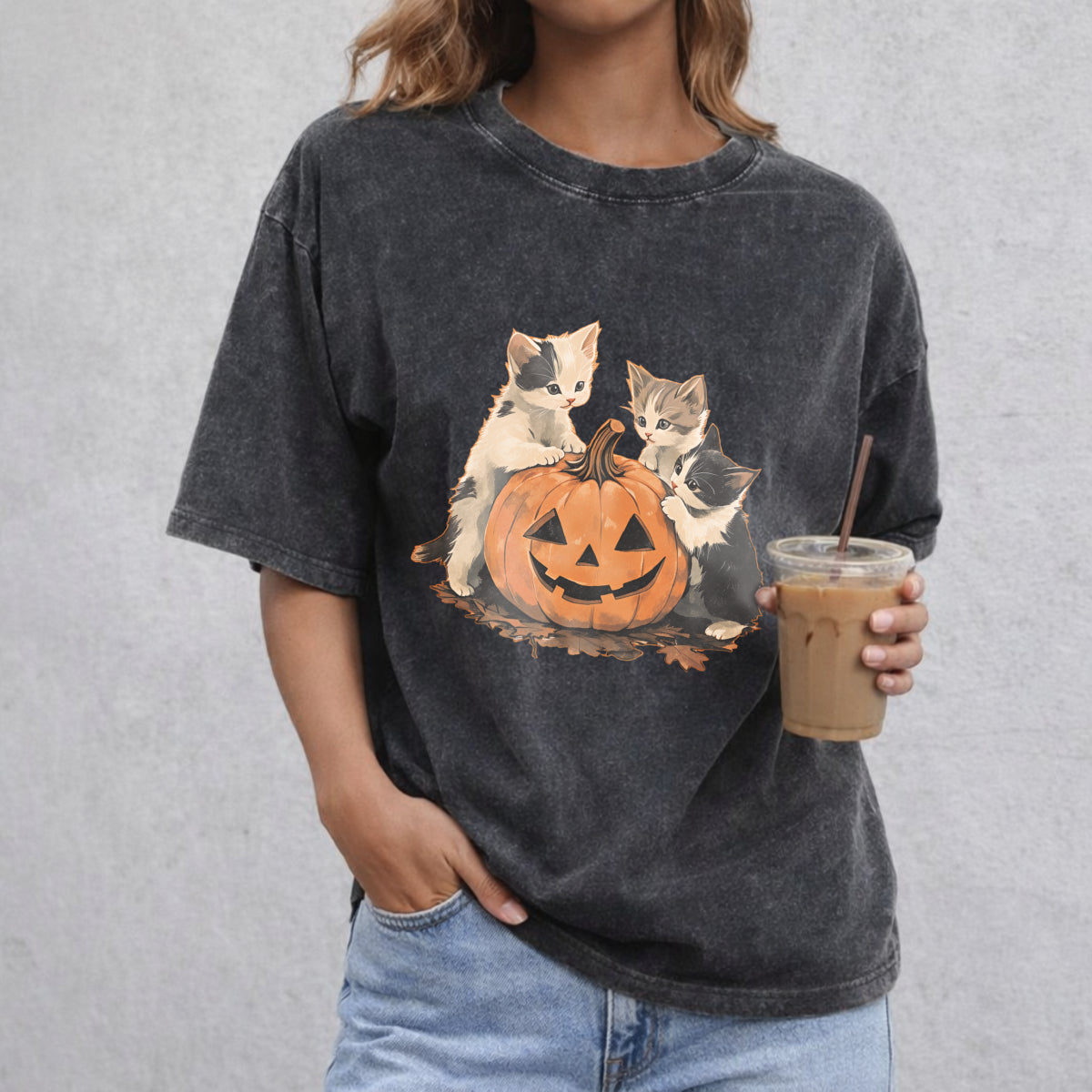 90s Cat Pumpkin Halloween vintage washed oversized T-shirt in Black