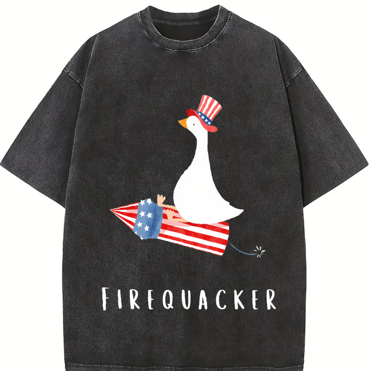 Fourth of July Firequacker Goose Vintage Washed T-Shirt in Black
