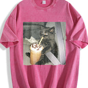 With Cat Coffee Cup in the Car Vintage Washed T-Shirt in Red