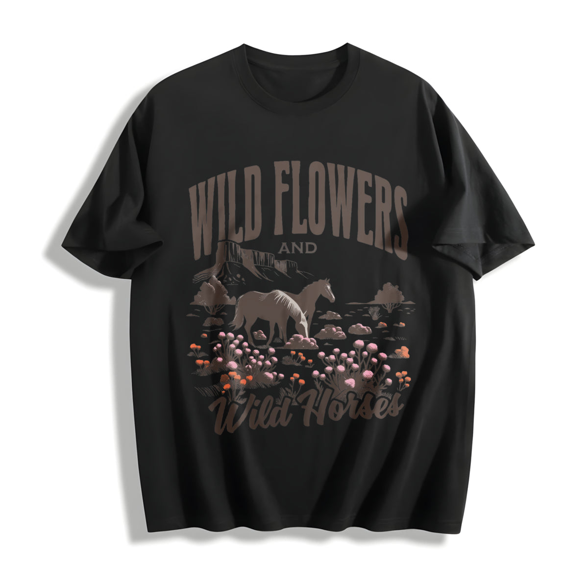 Western Wild Horses Wildflowers Cotton T-Shirt in Black