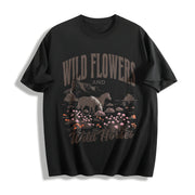 Western Wild Horses Wildflowers Cotton T-Shirt in Black