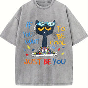 Cartoon Cat Blue-framed Glasses Vintage Washed T-Shirt in Gray