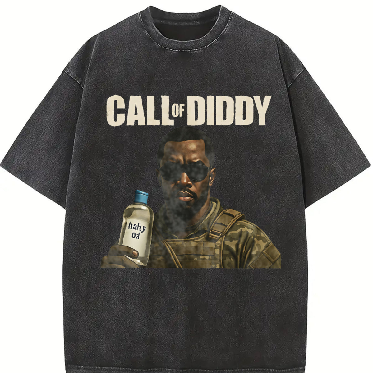 Call of Diddy - Diddy Baby Oil Meme 25 90s star vintage washed oversized T-shirt in Black
