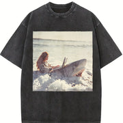 Woman with a Laptop in the Ocean Vintage Washed T-Shirt in Black