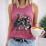 Biker Girl on Motorcycle Crew-neck Sleeveless Vest Outdoor Women's Color Cotton Tank Top in Red