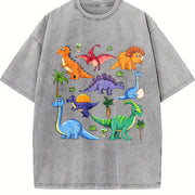 Autumn Dinosaur World Cartoon Short-sleeved Vintage Washed T-Shirt in Gray