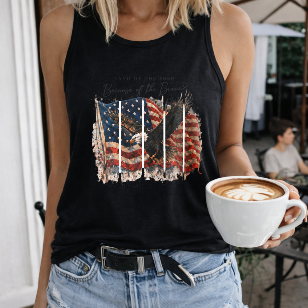 Land of the Free Because of the Brave Women's Color Cotton Tank Top in Black