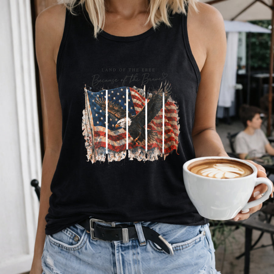 Land of the Free Because of the Brave Women's Color Cotton Tank Top in Black