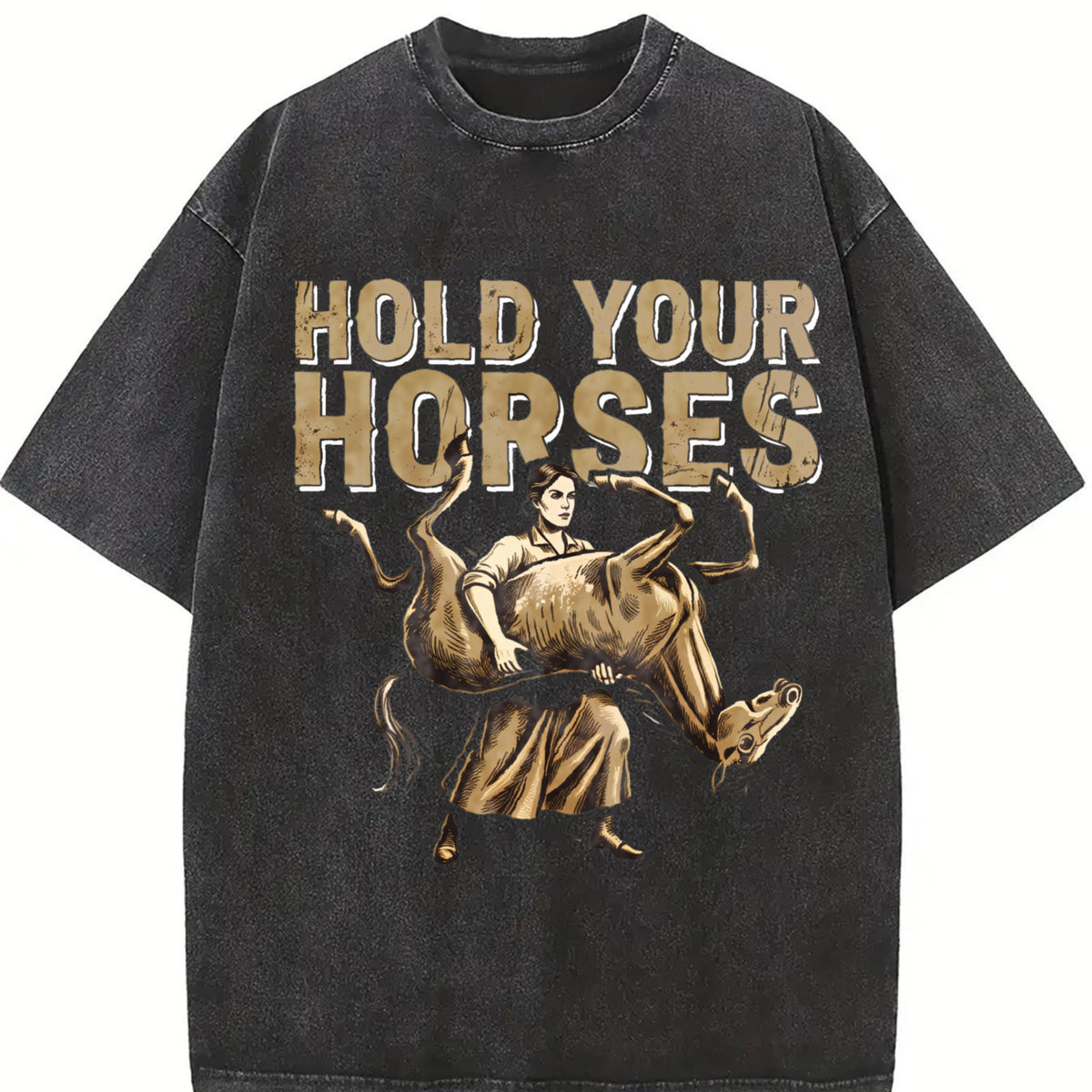 Hold Your Horses Vintage Washed T-Shirt in Black