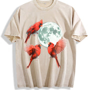 Red Cardinal Howling at Moon 90s Vintage Washed T-Shirt in Beige