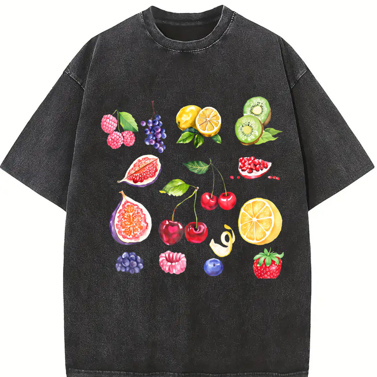 Fruits and Berries 90s Vintage Washed T-Shirt in Black