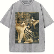 Cat Drinking Vintage Washed T-Shirt in Gray