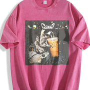 Raccoon Drinking Iced Coffee vintage washed oversized T-shirt in Red