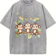 With Three Monkeys on Branch Yellow Flowers and Green Vintage Washed T-Shirt in Gray