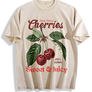 Retro Cherries Commercial Vintage Washed T-Shirt in Beige