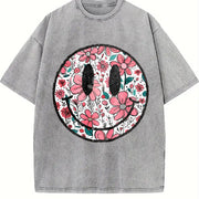 Floral Happy Face Mother's Day for Mom Cute vintage washed oversized T-shirt in Gray