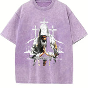 Religious Prayer Cross Black Grunge Vintage Washed T-Shirt in Purple