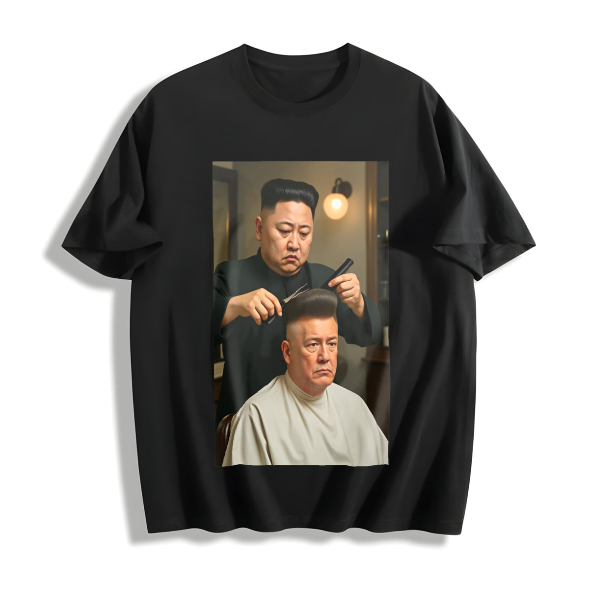Kim Jong Un Cutting Donald Trump's Hair (Us) Cotton T-Shirt in Black