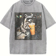 Raccoon Drinking Iced Coffee vintage washed oversized T-shirt in Gray