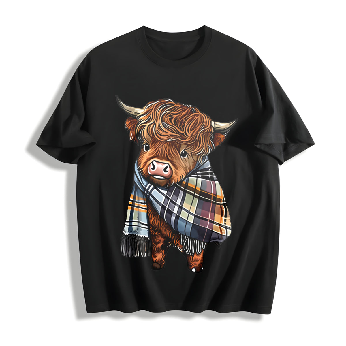 Scottish Highland Cow Plaid Cotton T-Shirt in Black