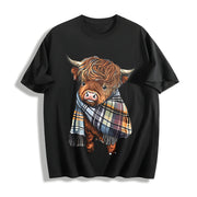 Scottish Highland Cow Plaid Cotton T-Shirt in Black