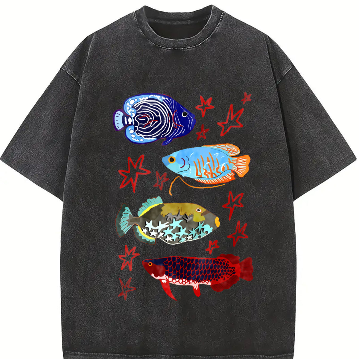 Fish Leaping Over the Dragon Gate Vintage Washed T-Shirt in Black