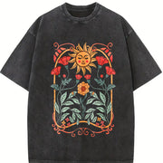 Boho Floral Art Nouveau Vintage Washed T-Shirt in Black