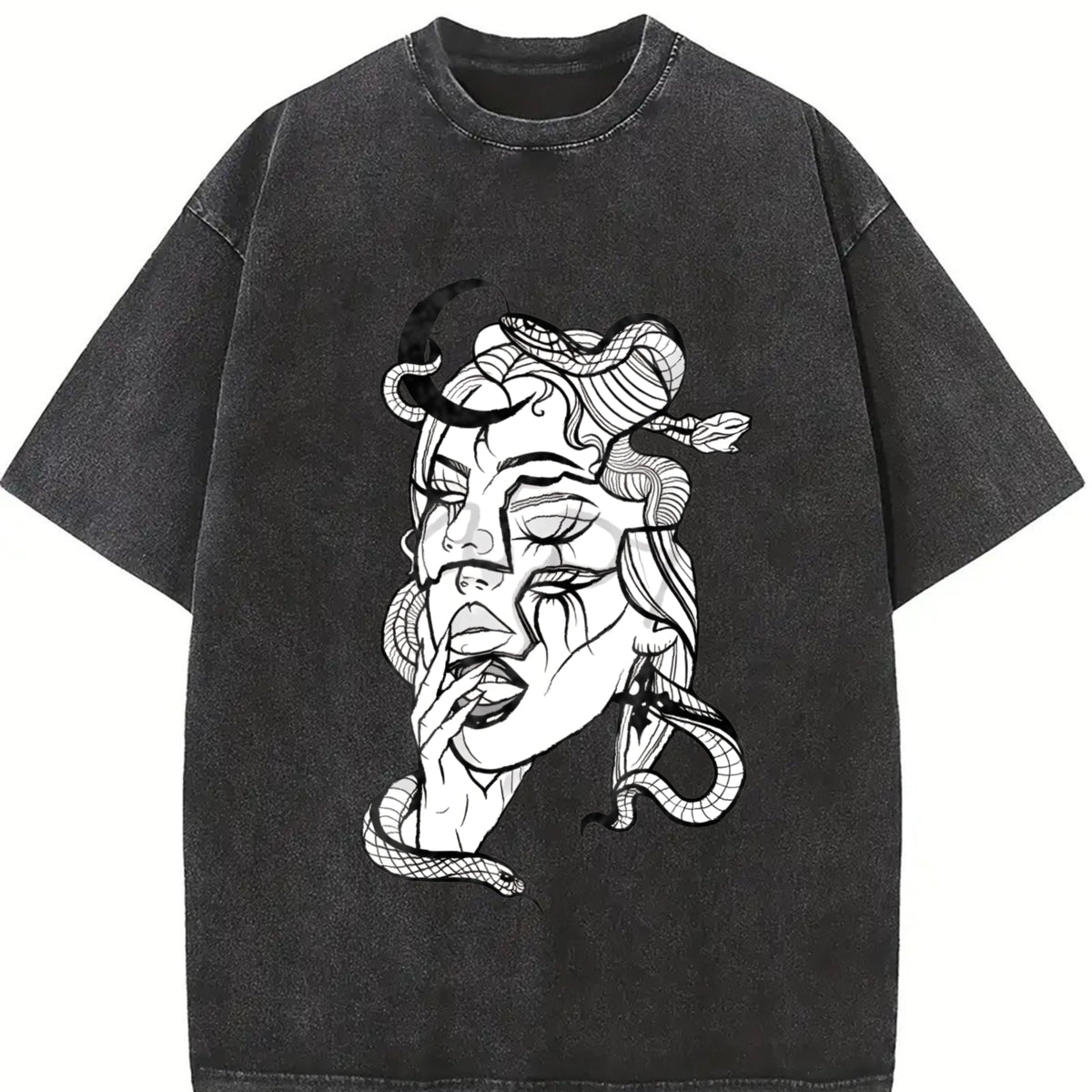 Black and White Snake-hair Medusa Dark Illustration Orca Vintage Washed T-Shirt in Black