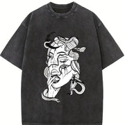 Black and White Snake-hair Medusa Dark Illustration Orca Vintage Washed T-Shirt in Black