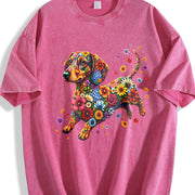 Floral Dachshund Vintage Washed T-Shirt in Red
