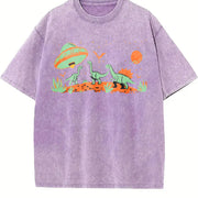 Retro UFO Alien Abduction Dinosaur Vintage Washed T-Shirt in Purple