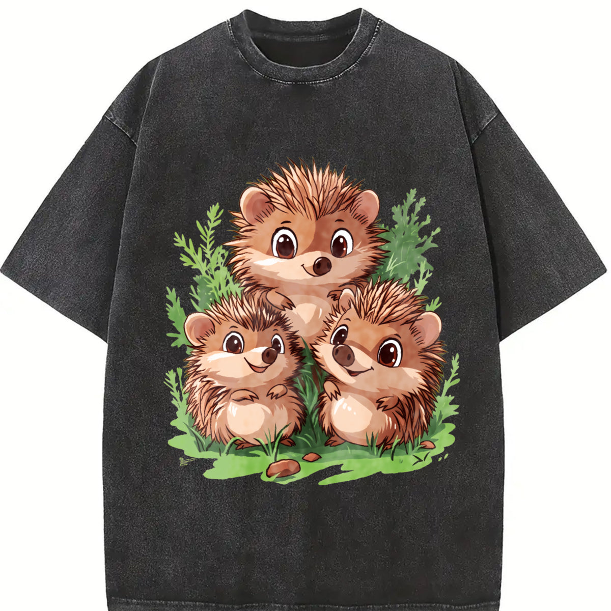 A Round-neck Short-sleeve with Three Brown Hedgehogs Vintage Washed T-Shirt in Black