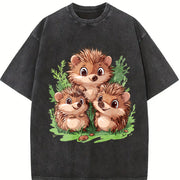 A Round-neck Short-sleeve with Three Brown Hedgehogs Vintage Washed T-Shirt in Black