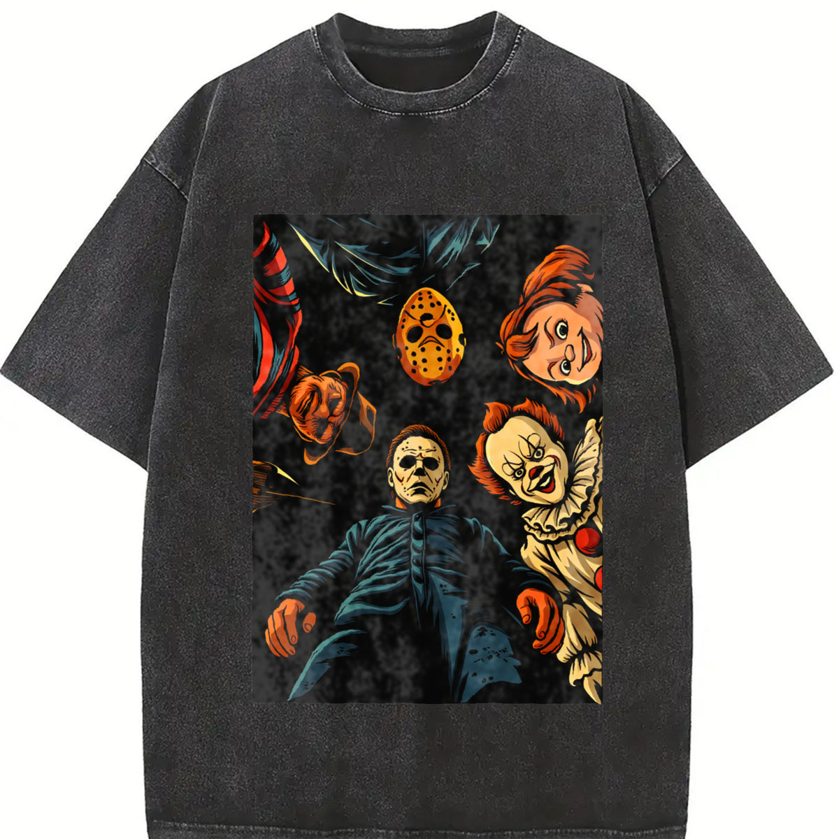 Retro Halloween Characters Vintage Washed T-Shirt in Black