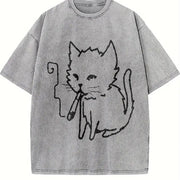 Cat Smoking Y2k Vintage Washed T-Shirt in Gray