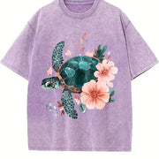 Floral Turtle & Peach Blossom Vintage Washed T-Shirt in Purple