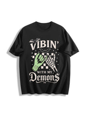 Halloween Vibin with My Demons Cotton T-Shirt in Black