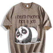 Retro Lazy Panda I Need Money Not a Job Vintage Washed T-Shirt in Brown
