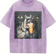 Raccoon Drinking Iced Coffee Vintage Washed T-Shirt in Purple